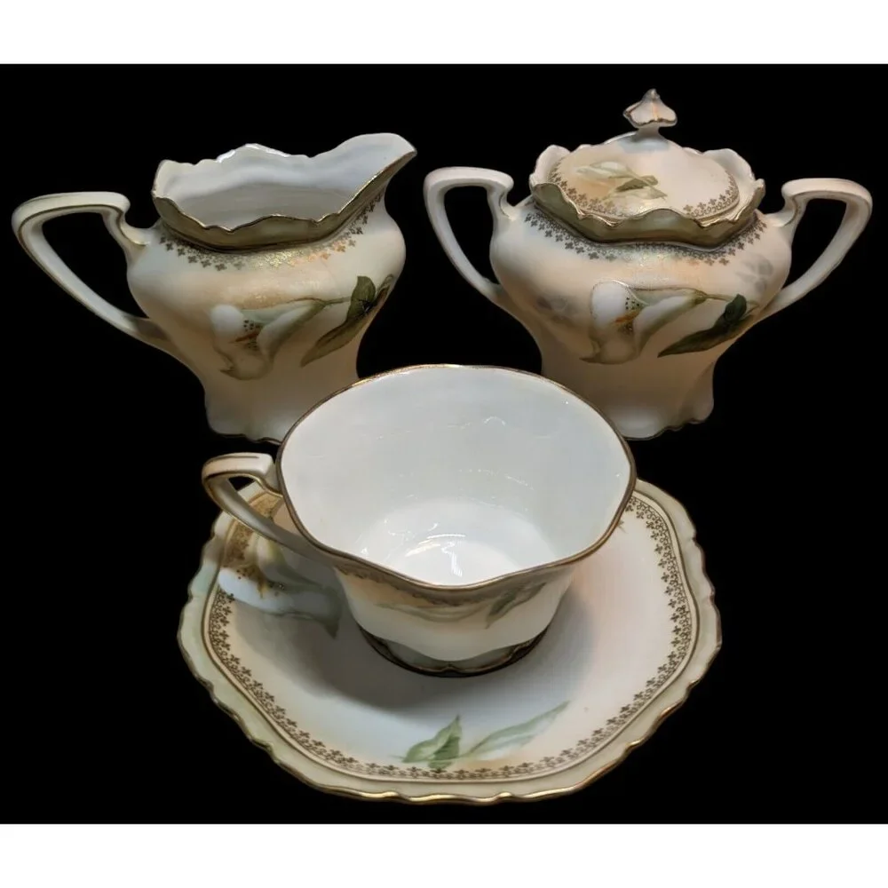 Antique RS Germany/Prussia Sugar Bowl Creamer 6 cups & 6‎ saucers Calla Lily